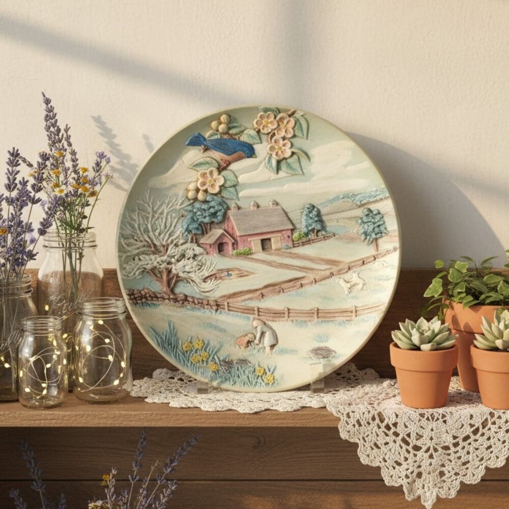 Byron Molds 3D Ceramic Wall Hanging Plate – Vintage 1980 Cottagecore Farm Scene
